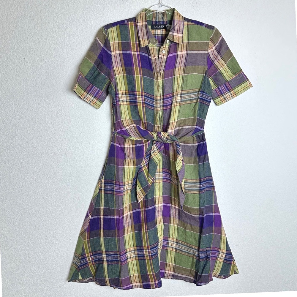 Lauren Ralph Lauren Purple Green Plaid Linen Shirt Dress Size 0 New $195